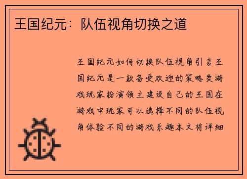 王国纪元：队伍视角切换之道